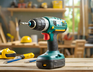 an electric cordless drill screwdriver tool on a wooden work table, with a softly blurred wall of tools in the background. Emphasize the warmth and hands-on creativity of the workshop environment