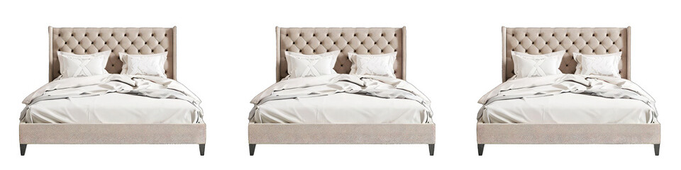 3 bed frame designs, side by side on white background, soft beige fabric headboard with diamond buttons , single, double and king size beds, no pillows or sheets, on transparent background
