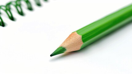 Green pencil and notebook against white backdrop
