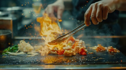 Chef cooking food on a hot grill with flames and sparks, using tongs to manage ingredients including vegetables and meat