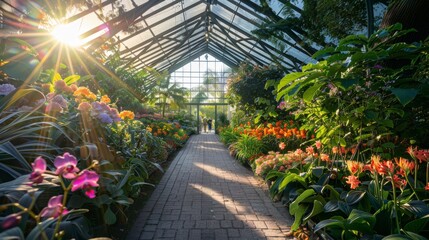 Lush Botanical Garden Greenhouse Interior Filled with Exotic Flowers and Sunlit Pathways