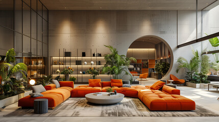 A living room with bright fresh colors in Bali style, a minimal style home in Asia with big windows, modern villa with green garden