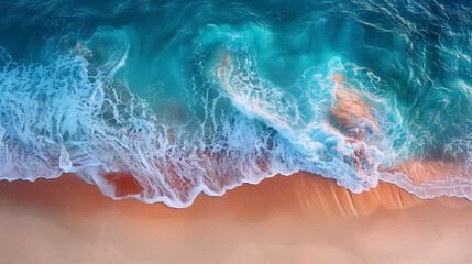 Background Aerial view of the ocean waves crashing onto an orange sandy beach