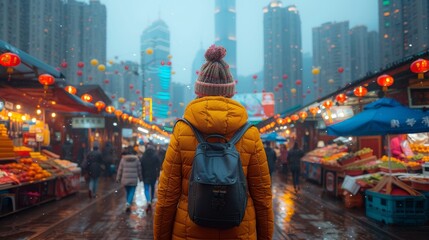 Obraz premium A person exploring a bustling city, walking through a lively street market