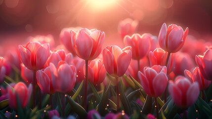 Background Close-up of Pink Tulips in the morning Spring