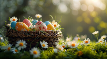 Basket of easter eggs on green grass at sunny day.