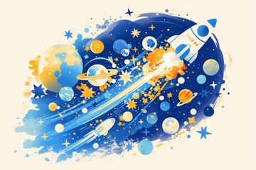 Rocket launching into outer space with vibrant planets and stars in the background