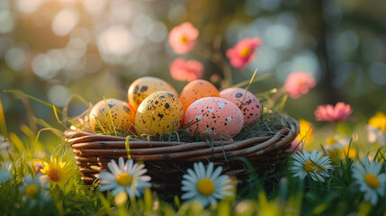 Basket of easter eggs on green grass at sunny day.