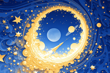 Rocket launching into outer space with vibrant planets and stars in the background