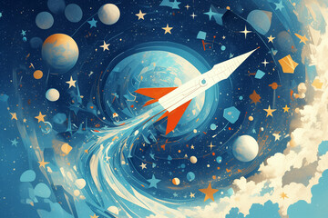Rocket launching into outer space with vibrant planets and stars in the background