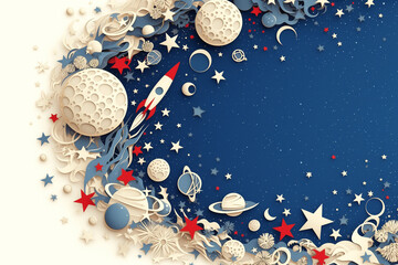 Rocket launching into outer space with vibrant planets and stars in the blue background