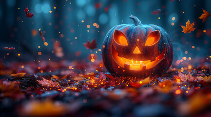 Glowing Jack-o’-Lantern in Autumn. Halloween