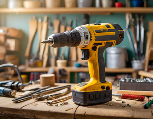 close up of drill.an electric cordless drill screwdriver tool on a wooden work table in a craft workshop, with a well-organized, blurred background of tools. Focus on the neatness and efficiency of th