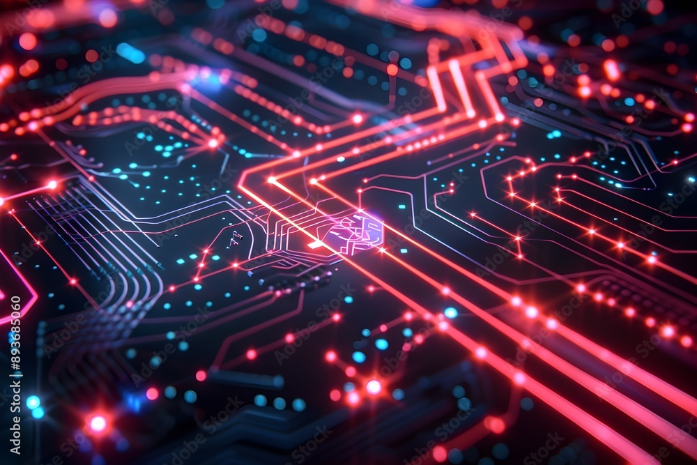Poster neon lit circuit board pattern with flowing data streams and glowing connections representing advanc