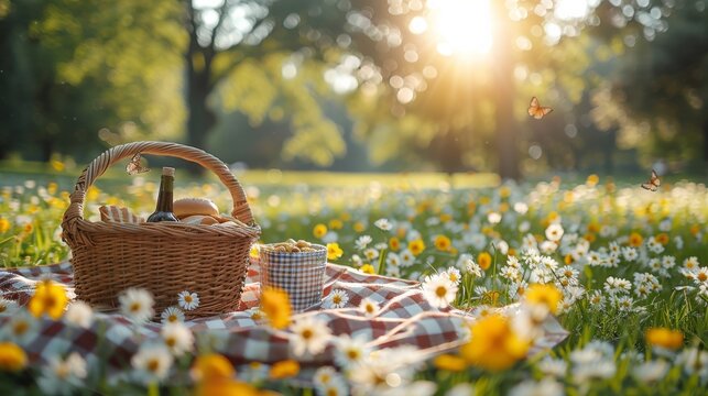 A sunny picnic scene in a picturesque meadow, a basket of delicious food, and butterflies fluttering around