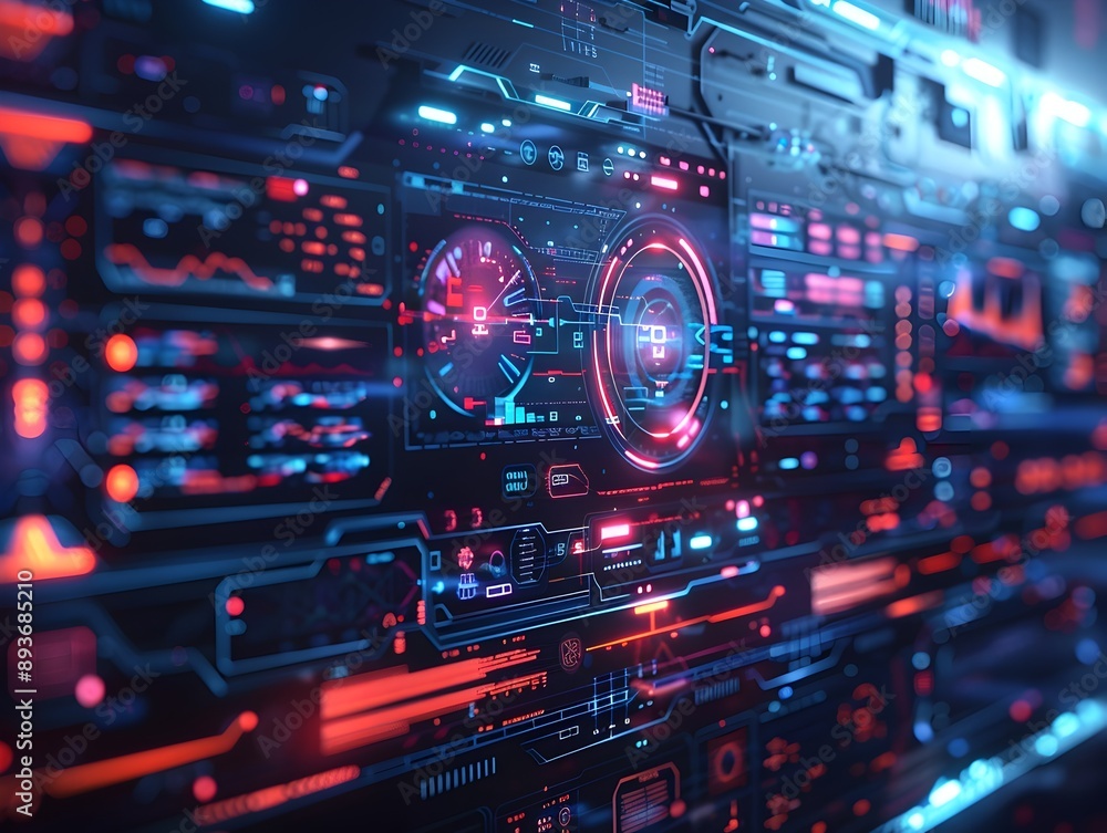 Poster futuristic holographic interface with floating data panels and touch controls set against dark high 
