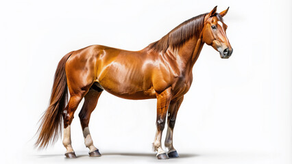 Fototapeta premium Majestic brown horse with a gleaming coat and gentle eyes stands proudly, isolated on a pure white background, showcasing its natural elegance and beauty.