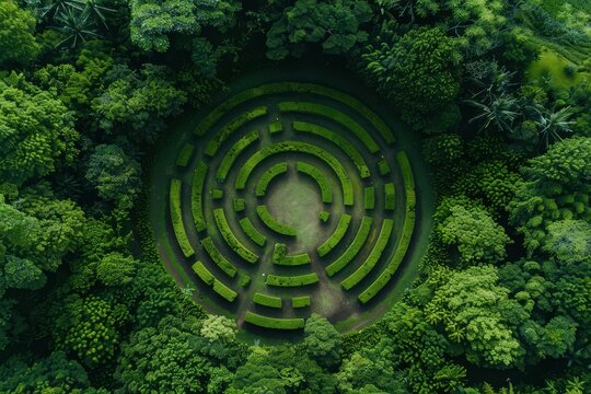A geometric maze garden viewed from above by a drone
