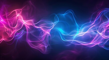 displays a vivid abstract background featuring flowing, neon-colored waves of pink, purple, and blue, set against a dark backdrop. The swirling lines create a sense of movement and energy