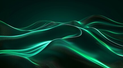 Fototapeta premium Abstract green digital waves glide through a dark, mysterious space, forming a mesmerizing landscape with fluid lines and glowing dots. The image evokes a futuristic, surreal atmosphere