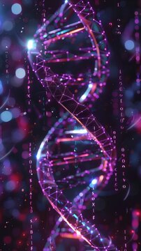 Dettagliata rappresentazione 3D di una doppia elica di DNA con luci brillanti su sfondo blu e rosa, evidenziando la complessit&agrave; genetica e la tecnologia avanzata.