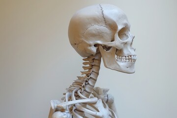 Side view of human skull anatomy with teeth, jaw, and head bones depicted in medical anatomic model