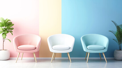 Fototapeta premium Modern interior with three pastel-colored chairs against a pastel-colored wall, flanked by potted plants on either side.