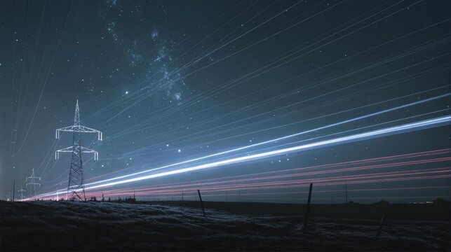 Electricity transmission towers and infrastructure network, digital visualization of power lines with renewable energy supply against starry sky