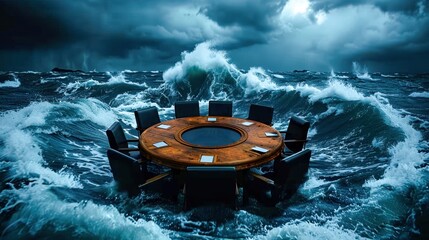 SBusiness Risk, urreal image of a boardroom table and chairs floating amidst turbulent ocean waves, symbolizing crisis in business and leadership challenges.