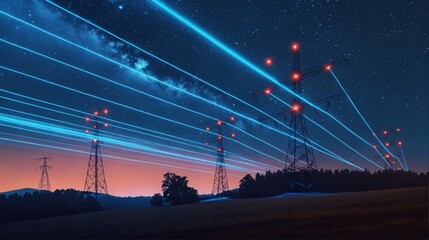 Electricity infrastructure and high voltage network: energy distribution with power towers at night and industrial transmission grid under starry silhouette