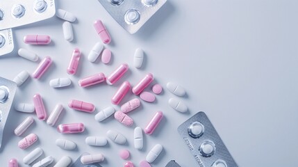 A minimalistic image of pink and white pills scattered on a static white background, with empty silver blister packaging positioned to the side. This clean and clear setup emphasizes the medication,