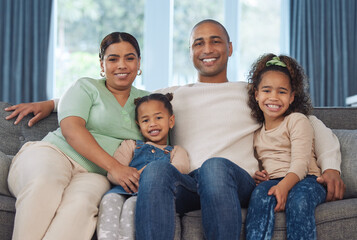 Portrait, family and relax on sofa with love, bonding and affection for children for parent relationship with trust or care. Mother, father and female siblings on couch in house, people and comfort.