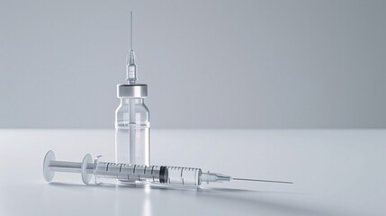 A clear photo of a syringe and a medicine vial on a plain background, highlighting their details and sterile nature. The minimalistic design ensures the focus remains on the medical tools, perfect