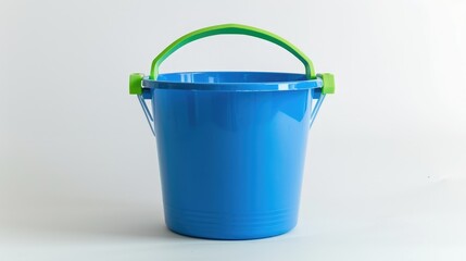 Blue plastic bucket with green handles for chores storage or gardening on white background