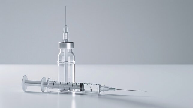 A clear photo of a syringe and a medicine vial on a plain background, highlighting their details and sterile nature. The minimalistic design ensures the focus remains on the medical tools, perfect