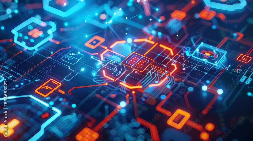 Poster close-up of a futuristic digital circuit board with glowing lights and intricate wiring representing