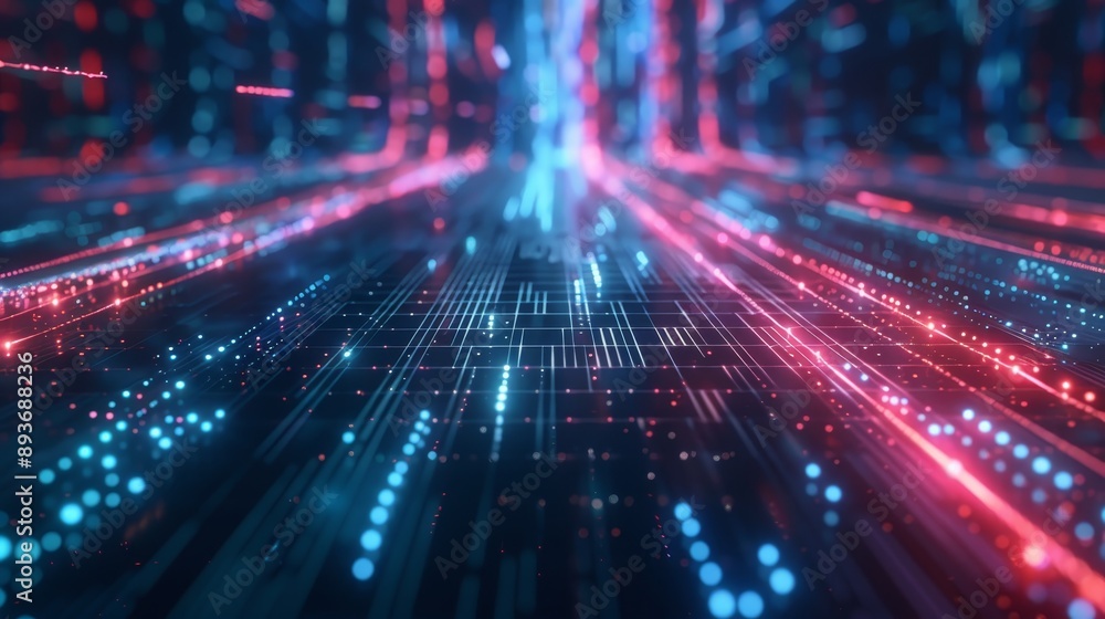 Poster abstract digital data flow with futuristic neon lights, representing technology and information tran