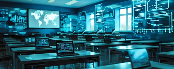 Obraz premium Modern technology-equipped classroom with digital screens and laptops, showcasing advanced learning tools and futuristic educational environment.