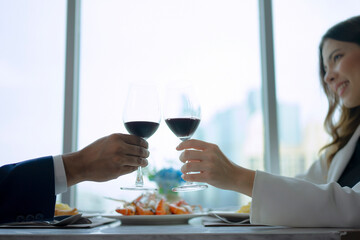 Couple have a meal at high floor tower.