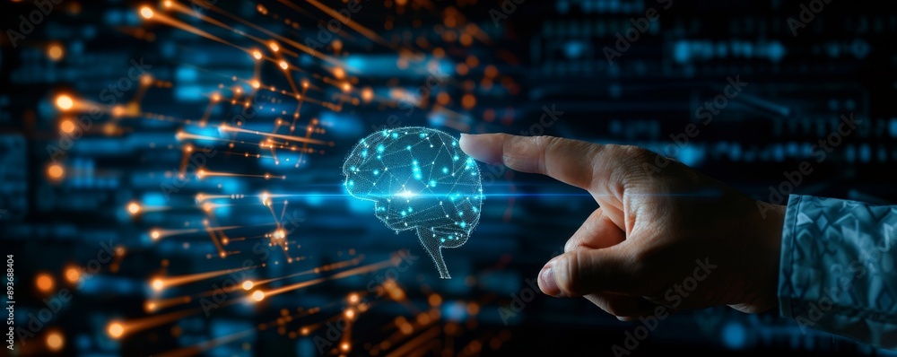 Poster businessman touching a digital ai icon on a virtual screen, representing advanced technology