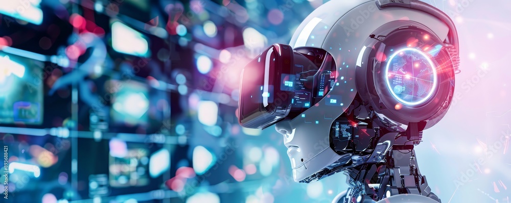 Poster futuristic robot wearing virtual reality headset surrounded by digital screens, representing advance