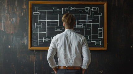 A businessman in a white shirt stands with his back to the camera, facing a chalkboard filled with a detailed flowchart, symbolizing the intricacies of business processes and structures.