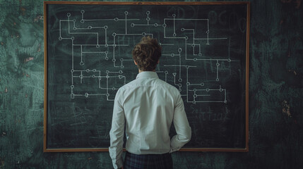 A businessman in a white shirt stands with his back to the camera, facing a chalkboard filled with a detailed flowchart, symbolizing the intricacies of business processes and structures.