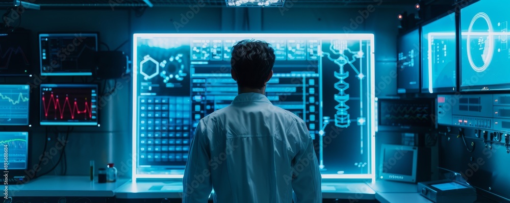 Poster a man stands before a futuristic control panel with digital displays and data, reflecting advanced t
