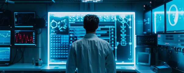 A man stands before a futuristic control panel with digital displays and data, reflecting advanced technology and cybersecurity.