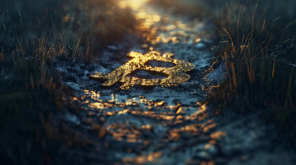 Along the path, small lights in the shape of the bitcoin symbol guide the way, symbolizing the growing acceptance and understanding of crypto values