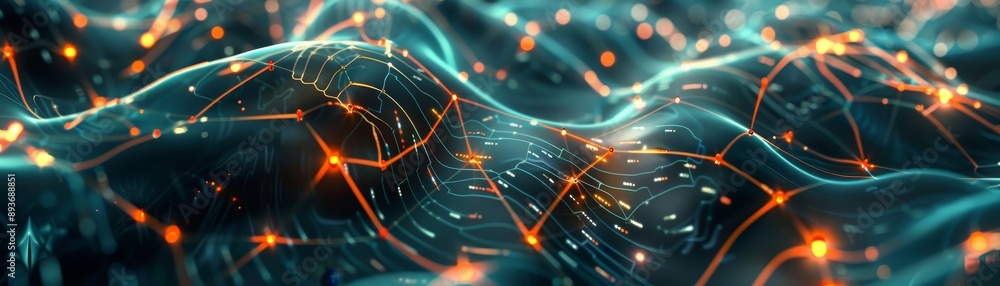 Poster abstract digital illustration depicting a futuristic network with glowing connections, representing 