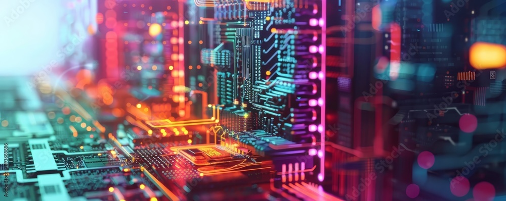 Poster close-up of electronic circuit board with illuminated components and vibrant colors, representing ad