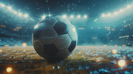 Fototapeta premium A soccer ball in closeup flying in the air on a big soccer field stadium at night filled with stadium lights.