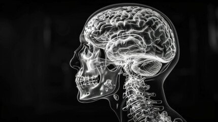 High-contrast black and white X-ray image of a human skull and brain, showcasing intricate details.